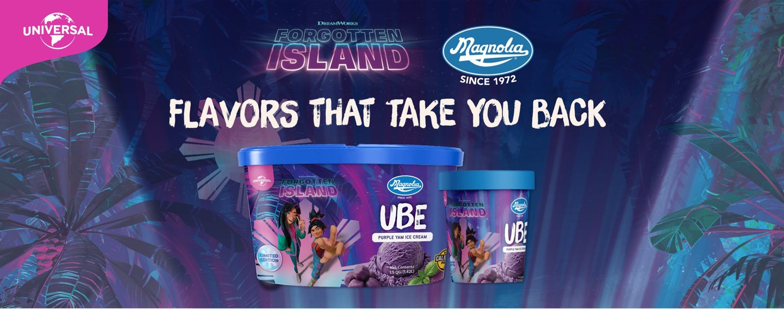 New limited-edition Magnolia Ube Purple Yam Ice Cream featuring DreamWorks Forgotten Island. Flavors that take you back.