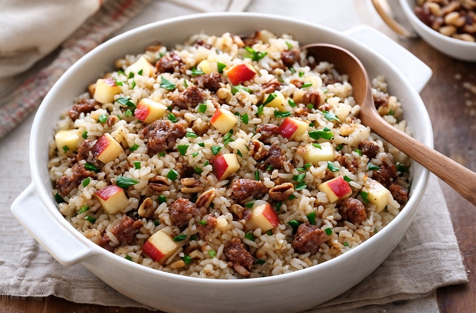 Longanisa stuffing with apples and pecans in a white baking dish
